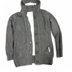 Thick Gray Knit Button-Up Cardigan with Inside Zipper and Sherpa Lining Large
